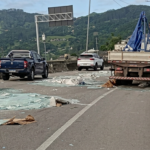 Carga de vidro espalhada na pista da BR-101 em Biguaçu após cair de caminhão