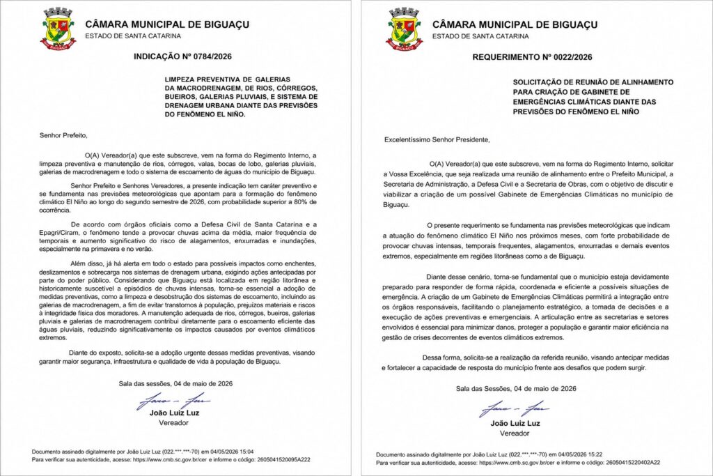 Duas páginas lado a lado de papel timbrado oficial da Câmara Municipal de Biguaçu, Estado de Santa Catarina. O primeiro documento é a Indicação nº 0784/2026 sobre limpeza preventiva e drenagem. O segundo é o Requerimento nº 0022/2026 solicitando reunião de alinhamento para criação do Gabinete de Emergências Climáticas. Ambos têm o timbre oficial, o brasão de Biguaçu e a assinatura do Vereador João Luiz Luz.
